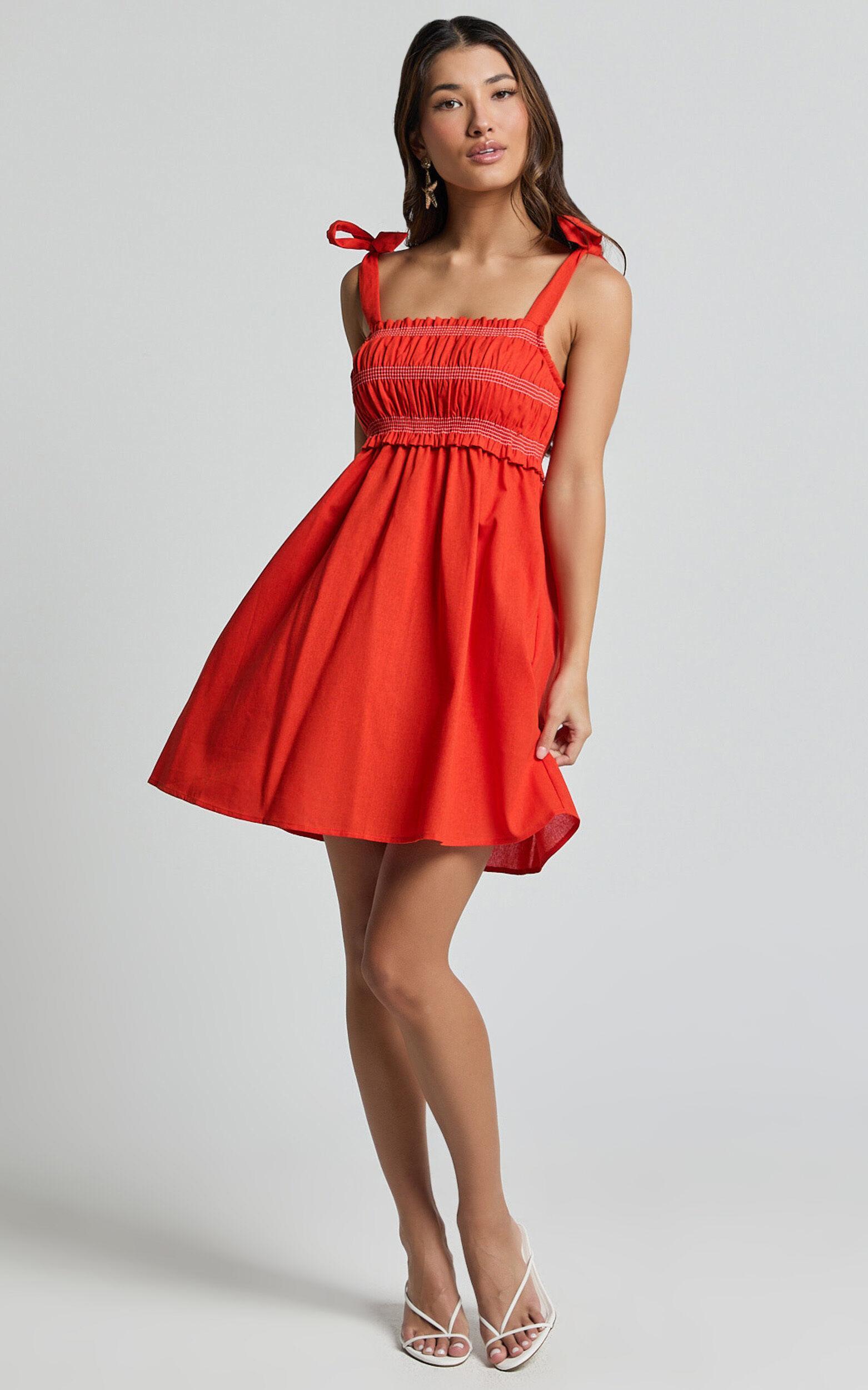 Cloe Mini Dress - Linen Look Tie Shoulder Shirred Dress in Red Product Image