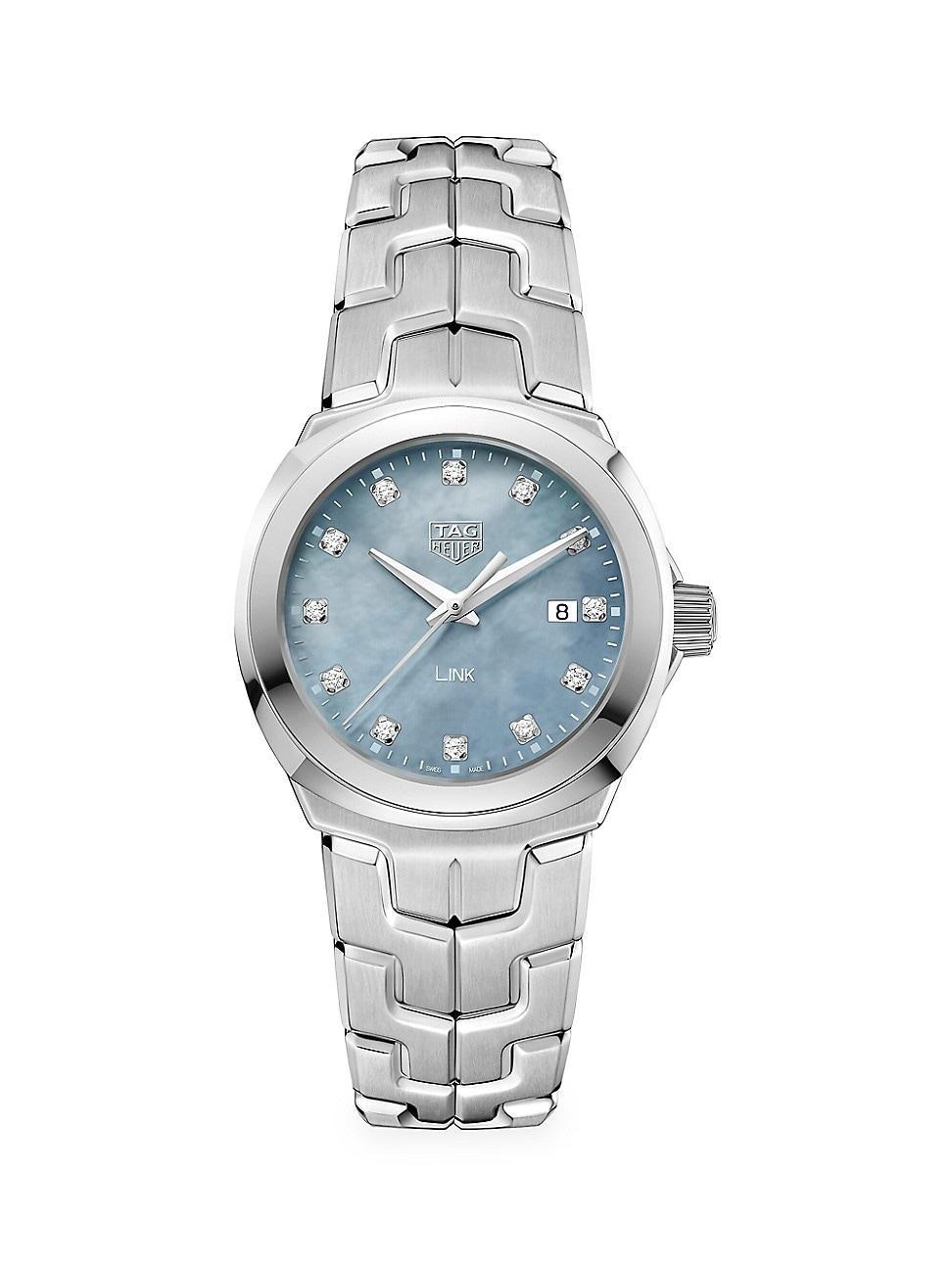 Womens Link 32MM Stainless Steel, Grey Mother-of-Pearl & Diamond Quartz Bracelet Watch Product Image