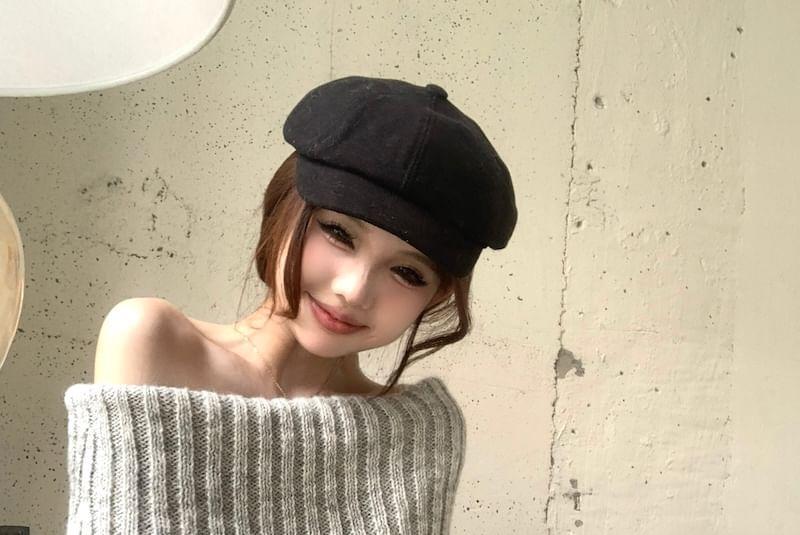 Off-Shoulder Long-Sleeve Plain Cable Knit Sweater Product Image