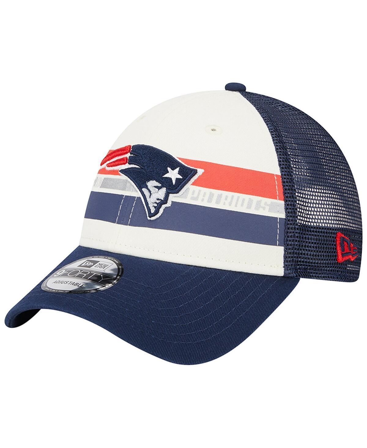 Mens New Era Cream/Navy New England Patriots Team Stripe Trucker 9FORTY Snapback Hat Product Image