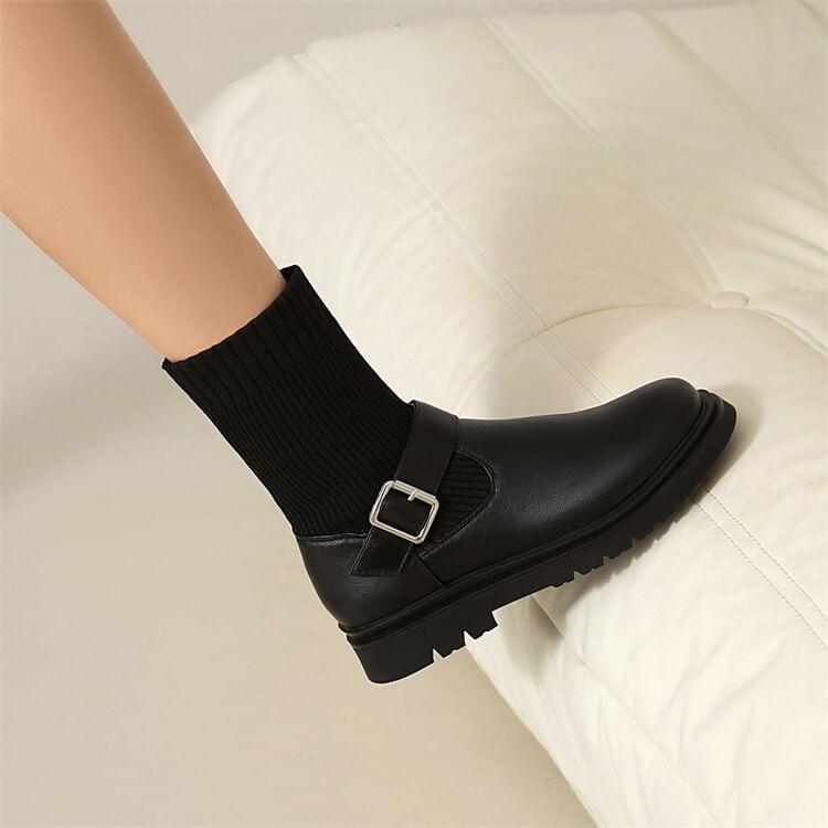 Buckled Platform Chunky Heel Sock Boots Product Image