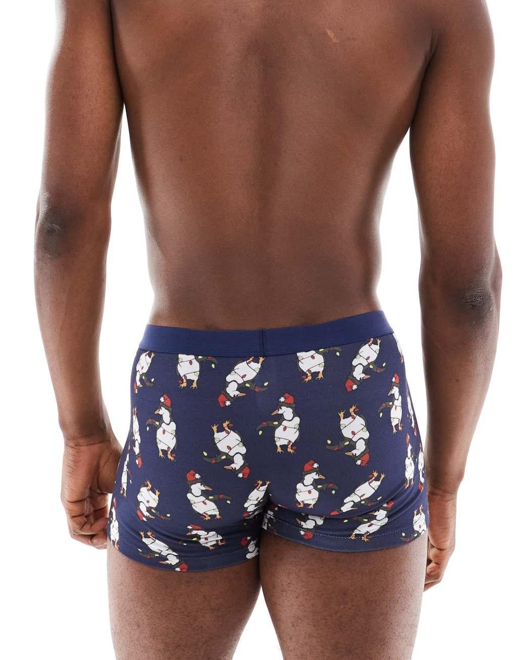 ASOS DESIGN trunks with christmas penguins in navy Product Image