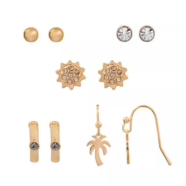 LC Lauren Conrad Gold Tone Crystal Palm Tree Whimsy 5-Pair Earrings Set, Womens Product Image