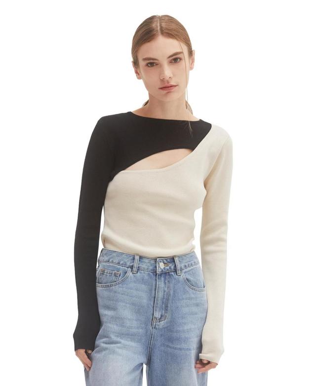 Womens Carly Color Block Knit Top with Cut Out Detail - Black + black Product Image