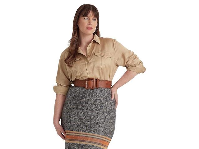 LAUREN Ralph Lauren Plus Size Satin Shantung Shirt (Birch Tan) Women's Clothing Product Image