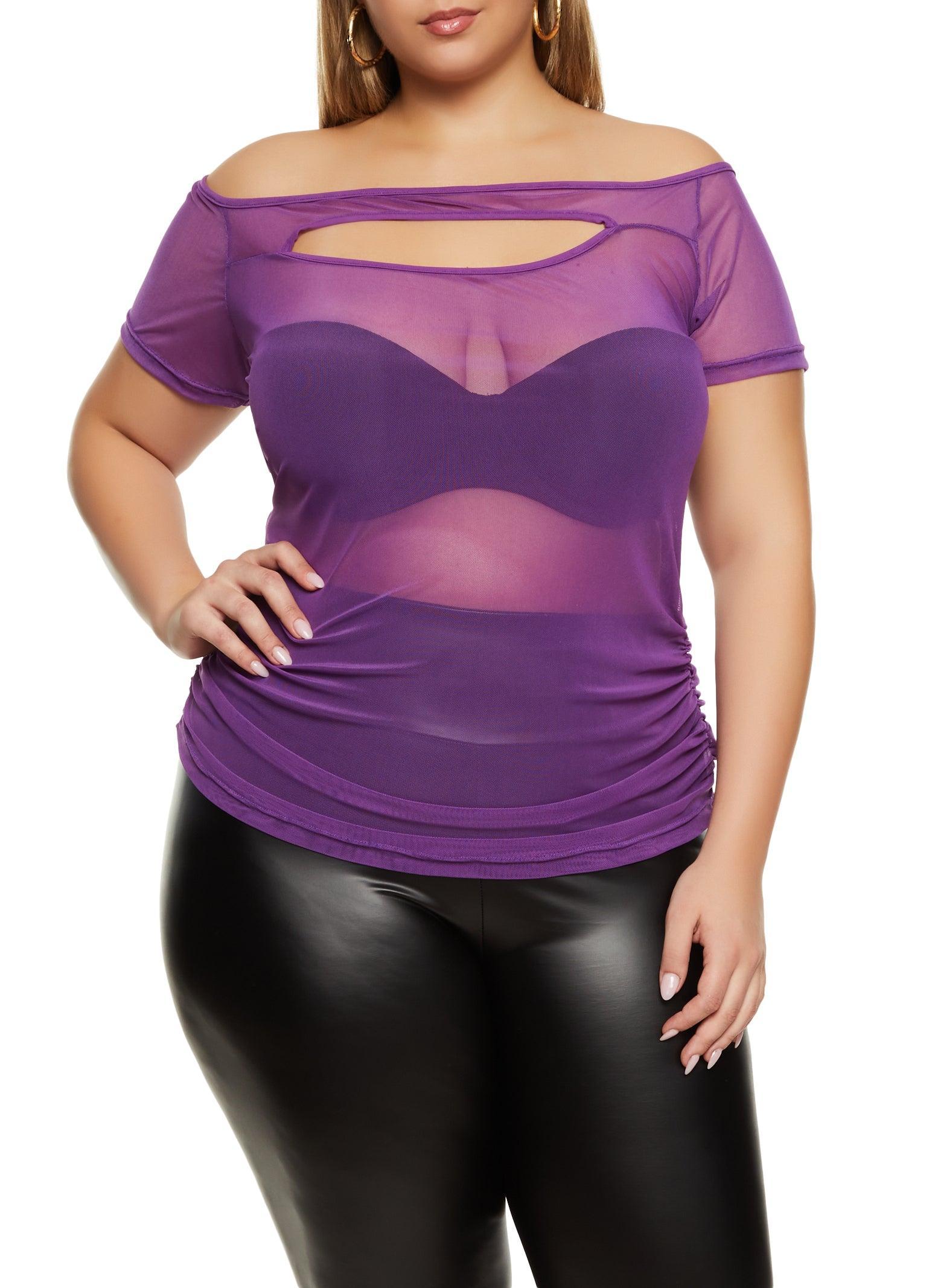 Womens Plus Size Mesh Keyhole Off the Shoulder Top Product Image