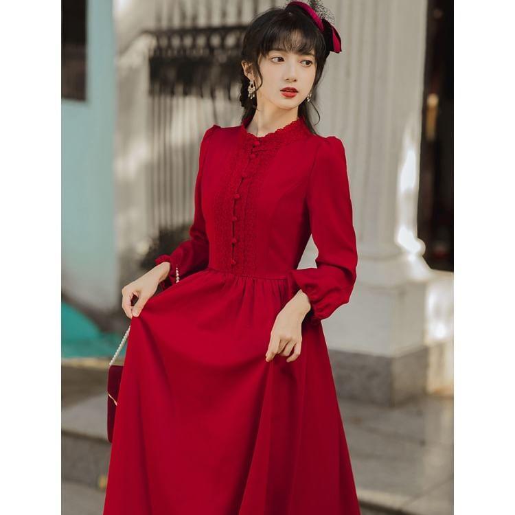 Long Sleeve Stand Collar Plain Button Panel Lace Maxi A-Line Dress Product Image