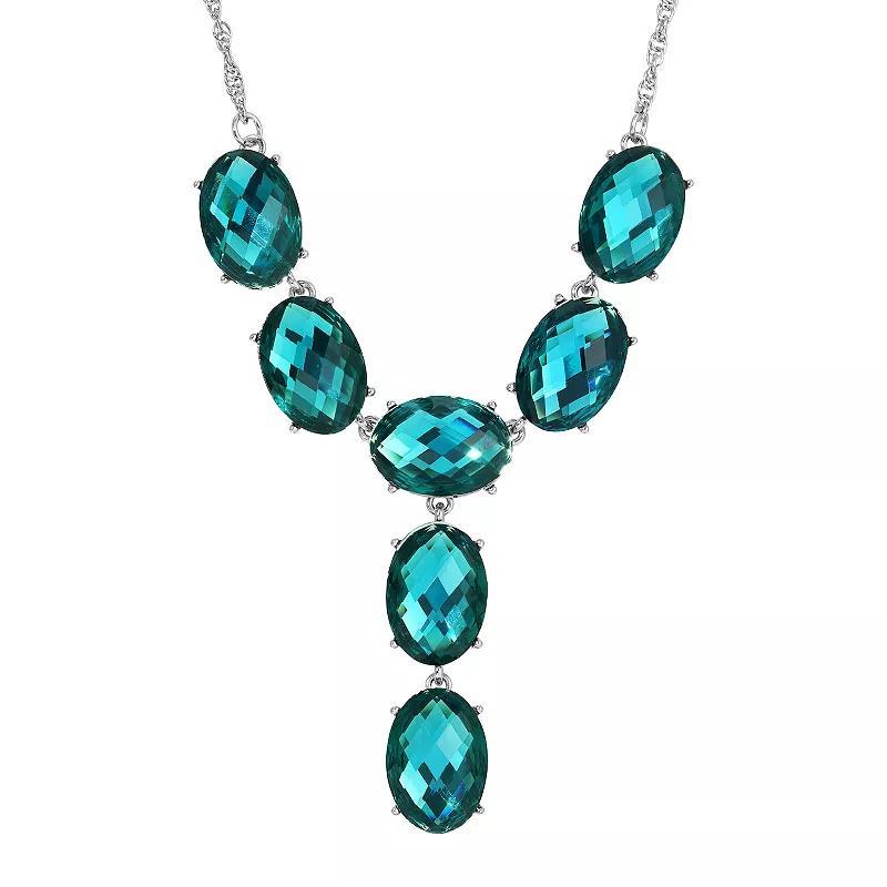 1928 Silver Tone Blue Oval Stone Faceted Y-Necklace, Womens Product Image