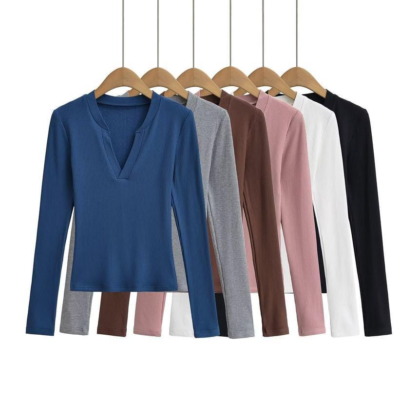 Long Sleeve Open Placket Plain Ribbed Tee Product Image