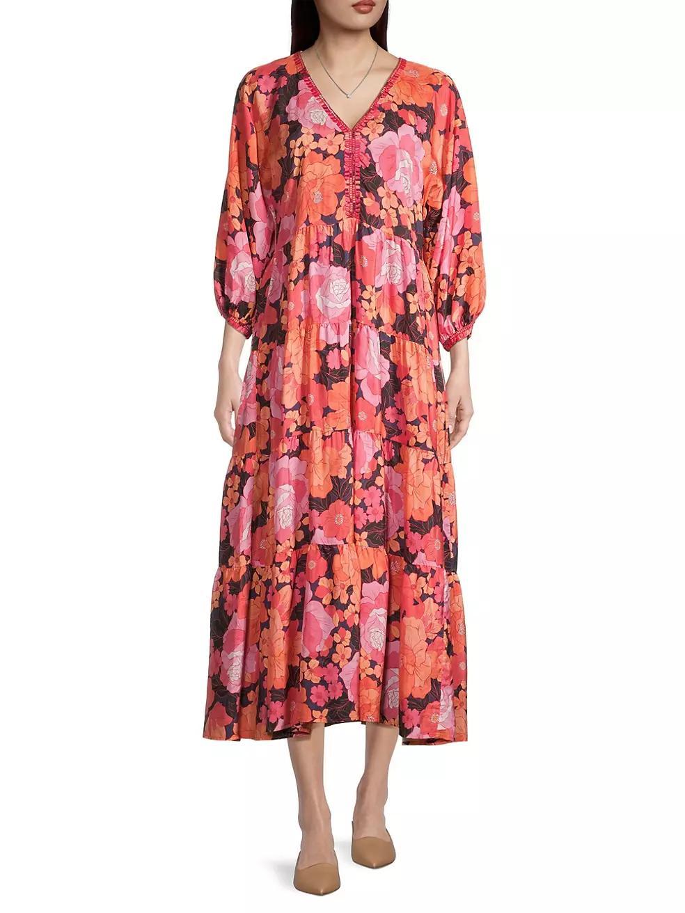 Becca Dolman-Sleeve Floral Silk Midi-Dress Product Image