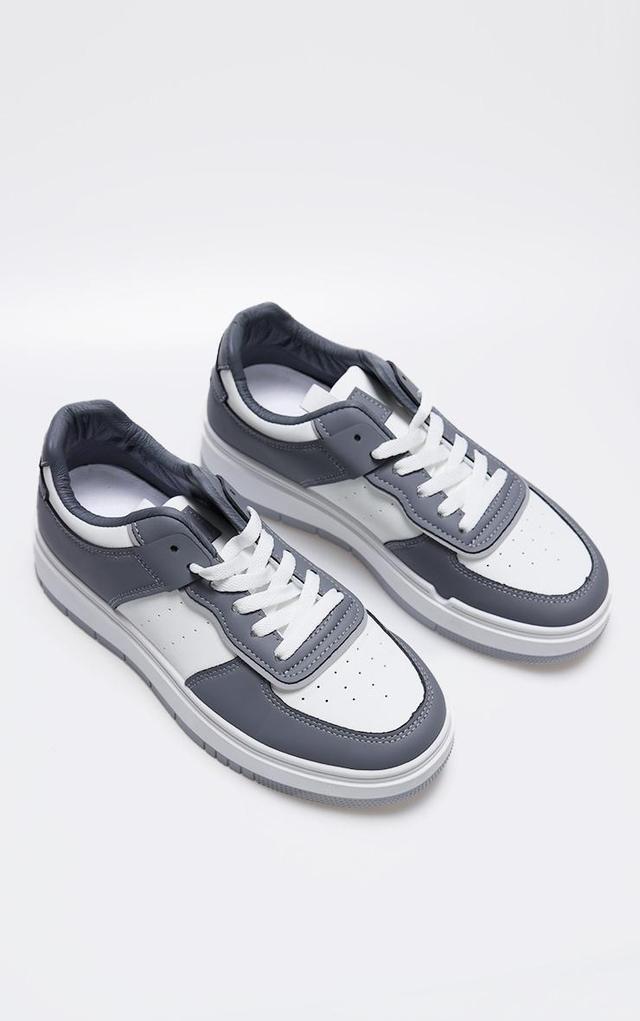 White and Grey Pu Contrast Chunky Sole Lace Up Sneakers Product Image