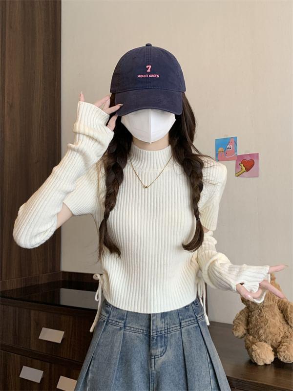 Set: Short-Sleeve Mock Neck Plain Drawstring Crop Knit Top + Long Gloves Product Image