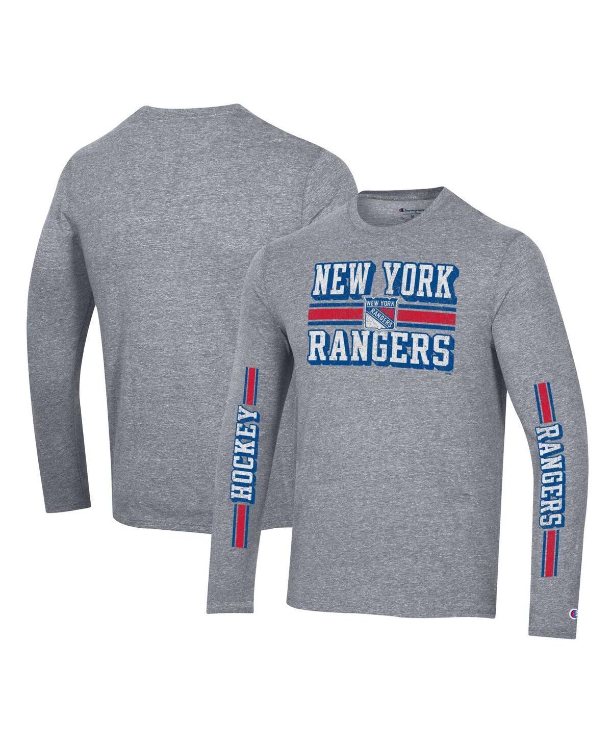 Mens Champion Heather Gray Distressed New York Rangers Tri-Blend Dual-Stripe Long Sleeve T-shirt Product Image