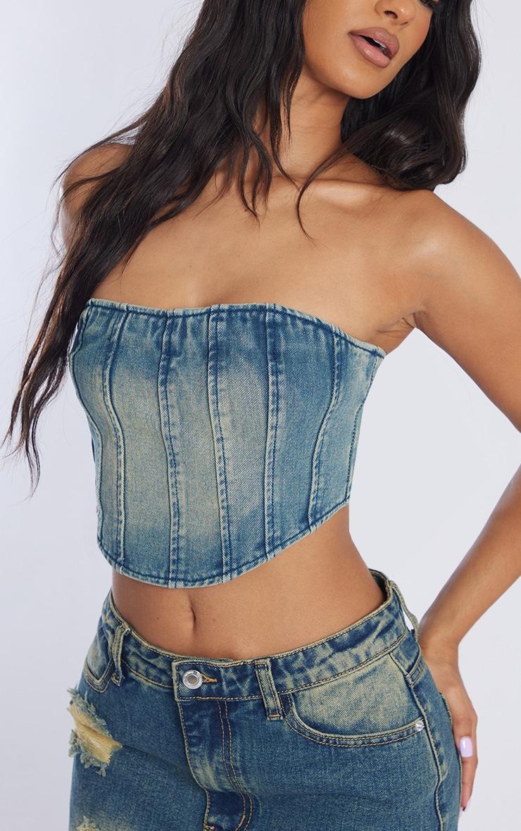 Petite Indigo Vintage Wash Seam Front Denim Corset Top Product Image