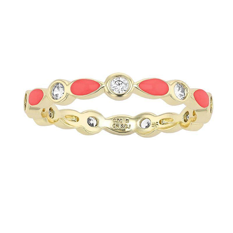 14k Yellow Gold Plated Clear Cubic Zirconia Colorful Marquise Enamel Stacking Ring, Womens Gold Tone Red Product Image