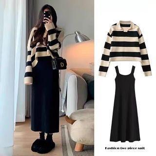 Maternity Collar Striped Oversized Sweater / Sleeveless Scoop Neck Plain Knit Midi A-Line Dress Product Image