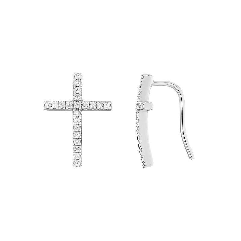 PRIMROSE Sterling Silver Pave Cubic Zirconia Cross Threader Earrings, Womens, Sterling Clear Product Image