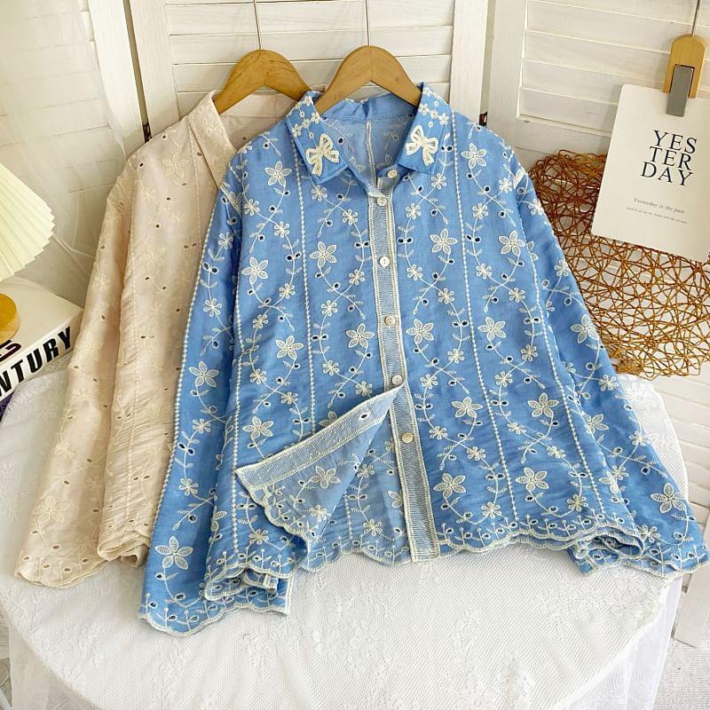 Long-Sleeve Collared Floral Embroidered Eyelet Button-Up Blouse Product Image