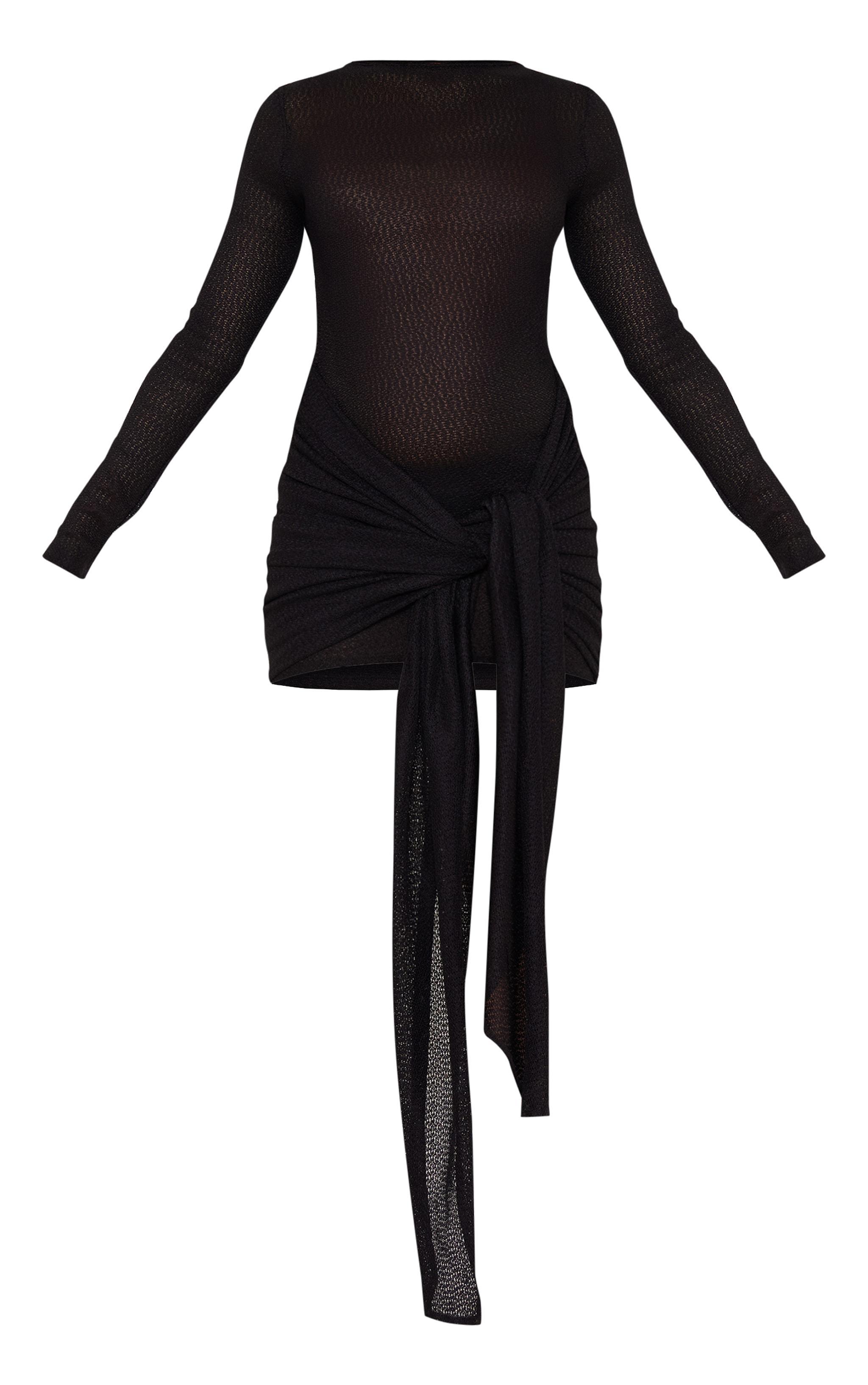 Black Textured Long Sleeve Tie Waist Mini Dress Product Image