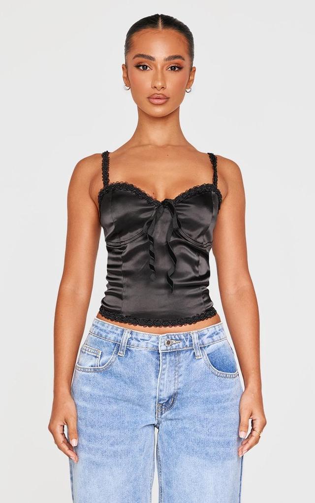 Petite Black Satin Rose Trim Detail Corset Top Product Image