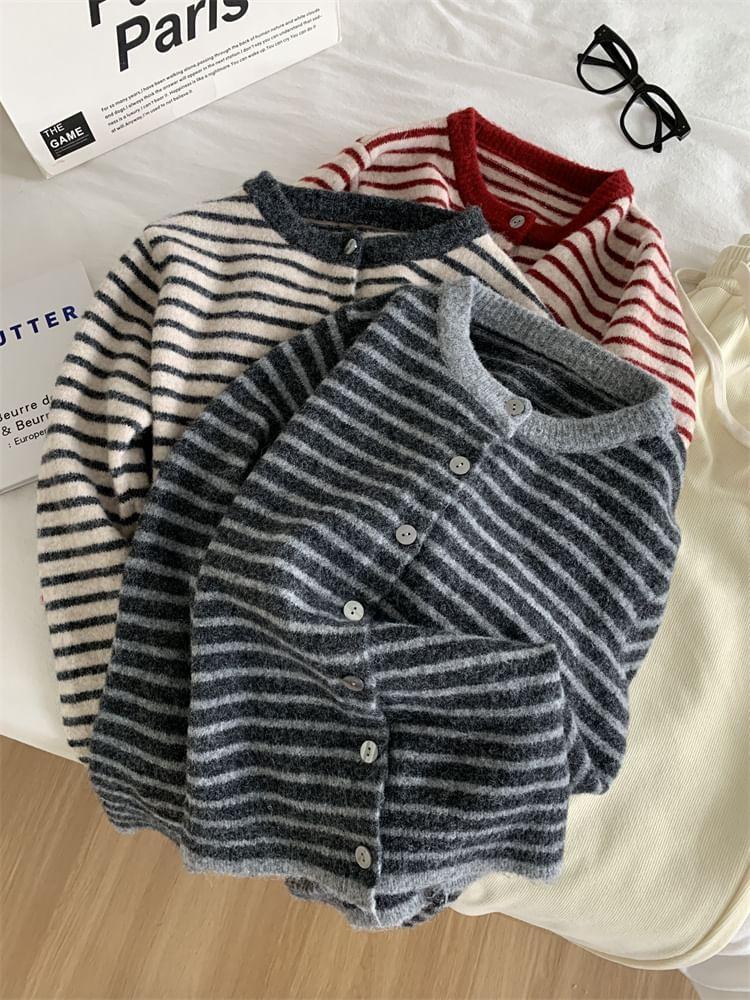 Round Neck Striped Cardigan Product Image