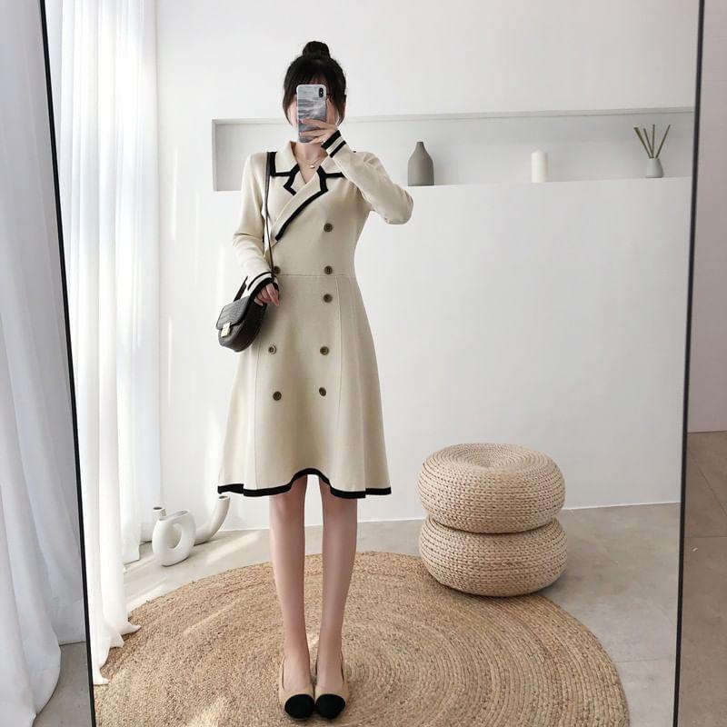 Long-Sleeve Double Breasted Knit A-Line Dress Product Image