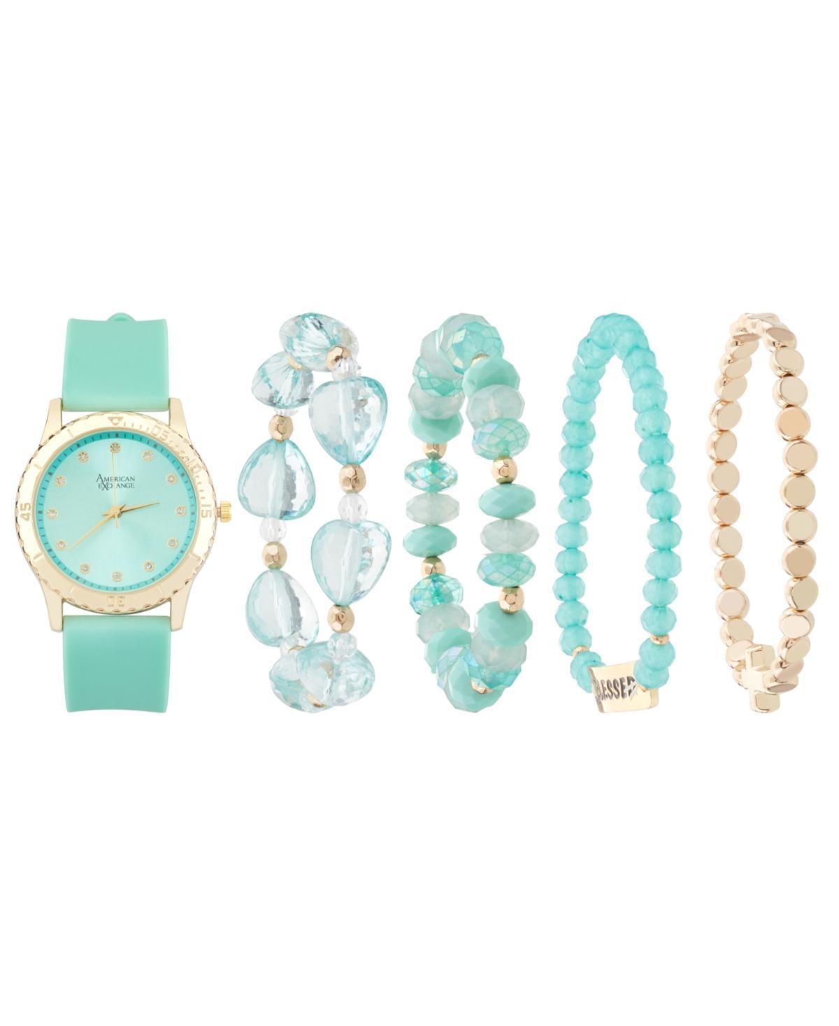 American Exchange Womens Matte Teal Silicone Strap Analog Watch 38mm with Stackable Bracelets Gift Set Product Image