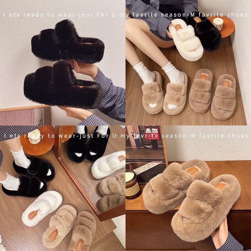 Platform Plain Fluffy Slide Sandals Product Image