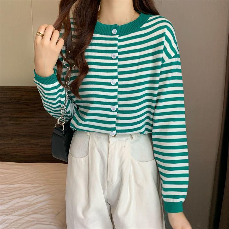 Crew Neck Striped Button Up Cardigan Product Image