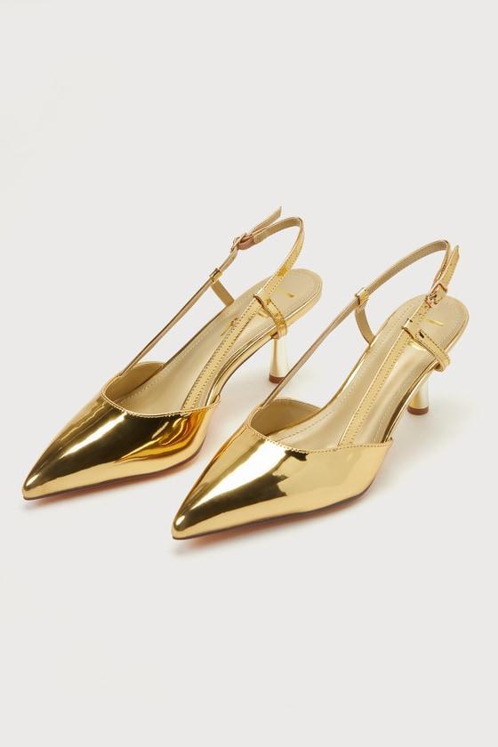 Narcissa Gold Patent Pointed-Toe Slingback Kitten Heel Pumps Product Image