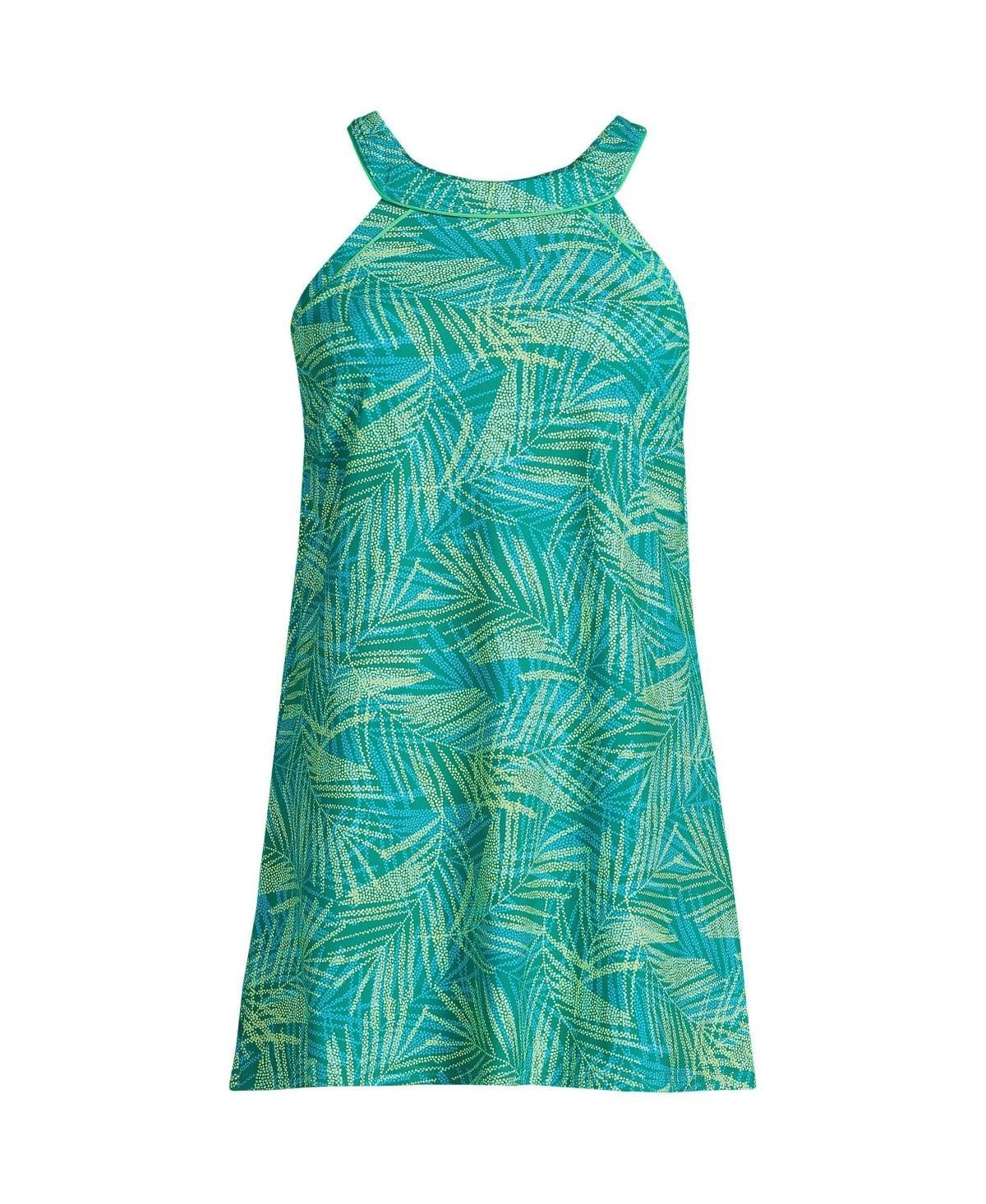 Womens Lands End UPF 50 High Neck One-Piece Swim Dress Green Stipple Palm Product Image