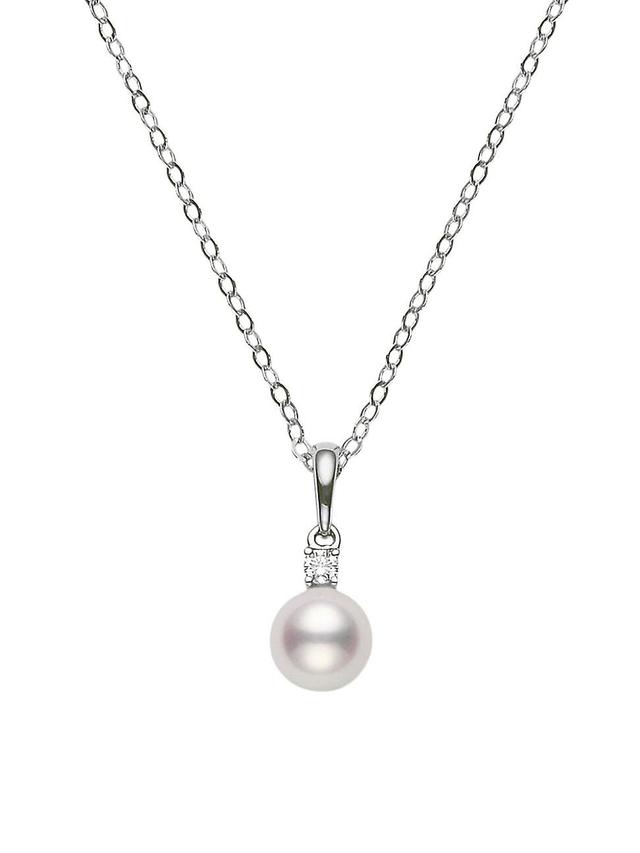 Womens Essential Elements 18K White Gold, 7MM White Cultured Pearl & Diamond Pendant Necklace Product Image