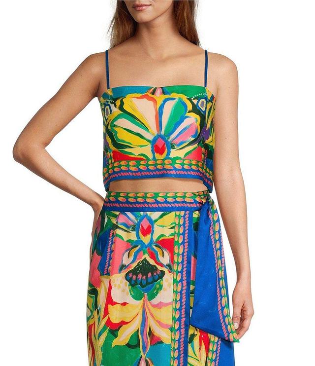 Antonio Melani Callista Printed Floral Satin Twill Square Neck Sleeveless Spaghetti Strap Coordinating Cropped Tank Top Product Image