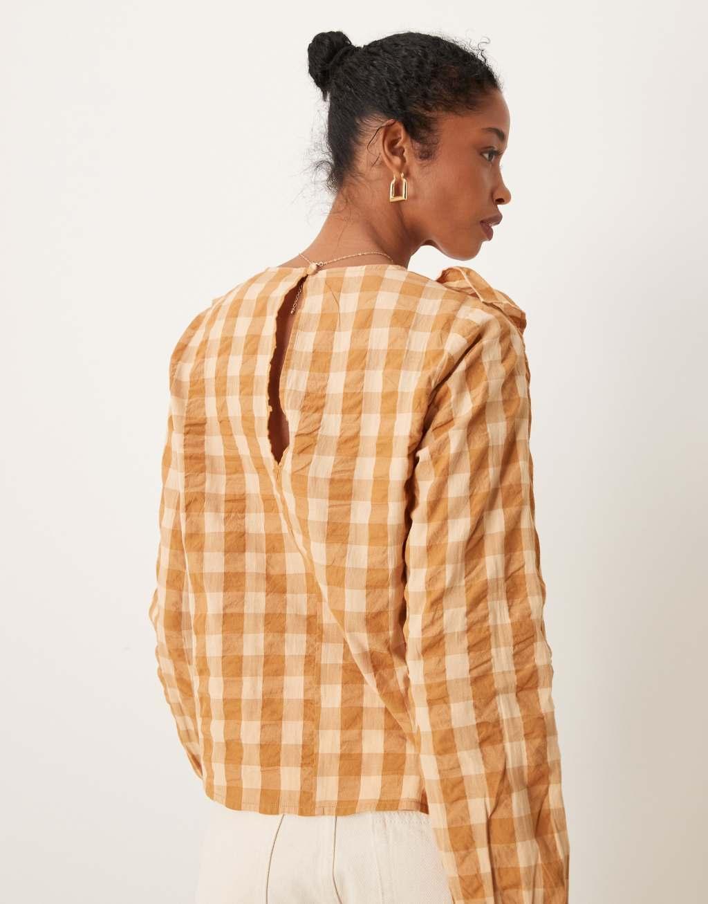 ASOS DESIGN long sleeve top with ruffle v detail in gingham Product Image