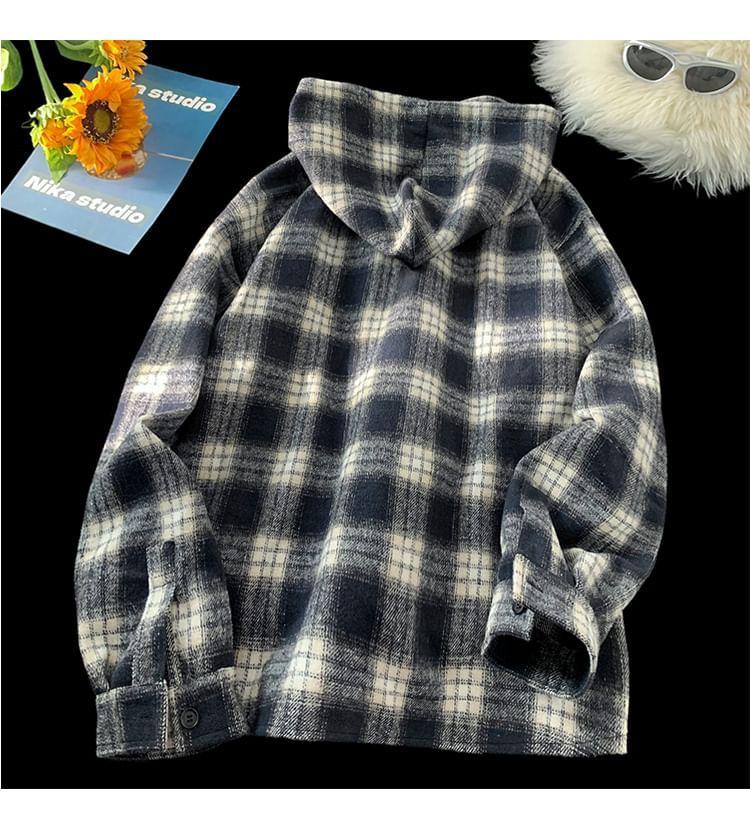 Plaid Drawstring Pocket Detail Hooded Button Jacket Product Image