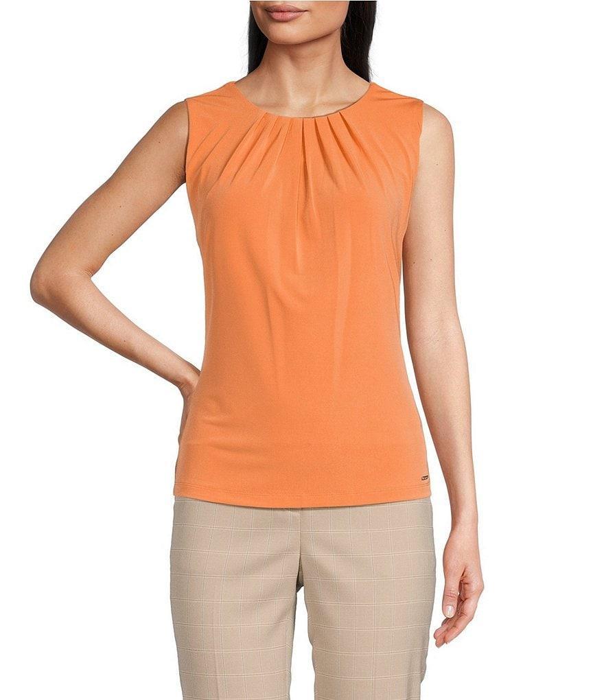 Calvin Klein Stretch Pleated Crew Neck Sleeveless Tank Product Image