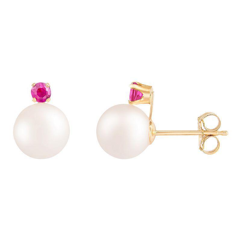 Splendid Pearls 14k Gold Ruby Freshwater Cultured Pearl Earrings, Womens, Yellow Product Image