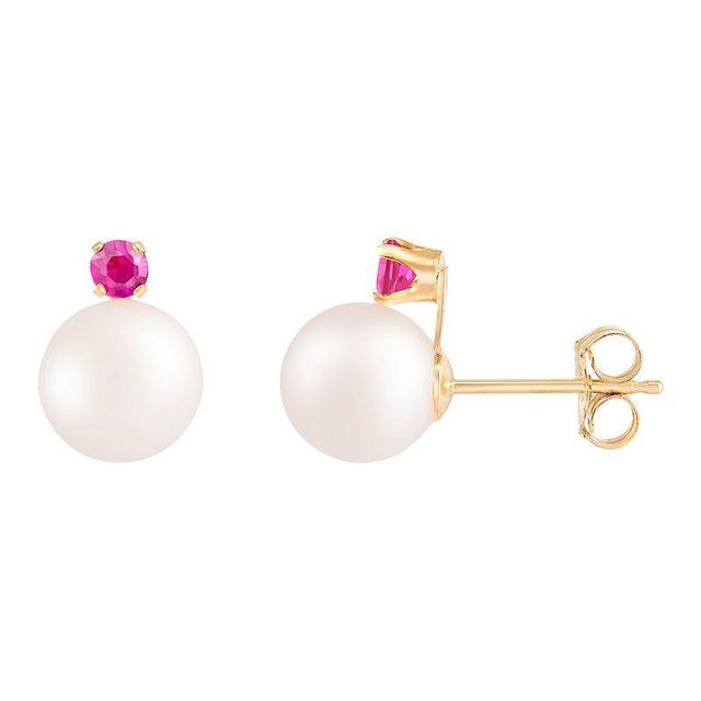 14k Gold Freshwater Cultured Pearl & Sapphire Accent Stud Earrings, Womens, White Product Image