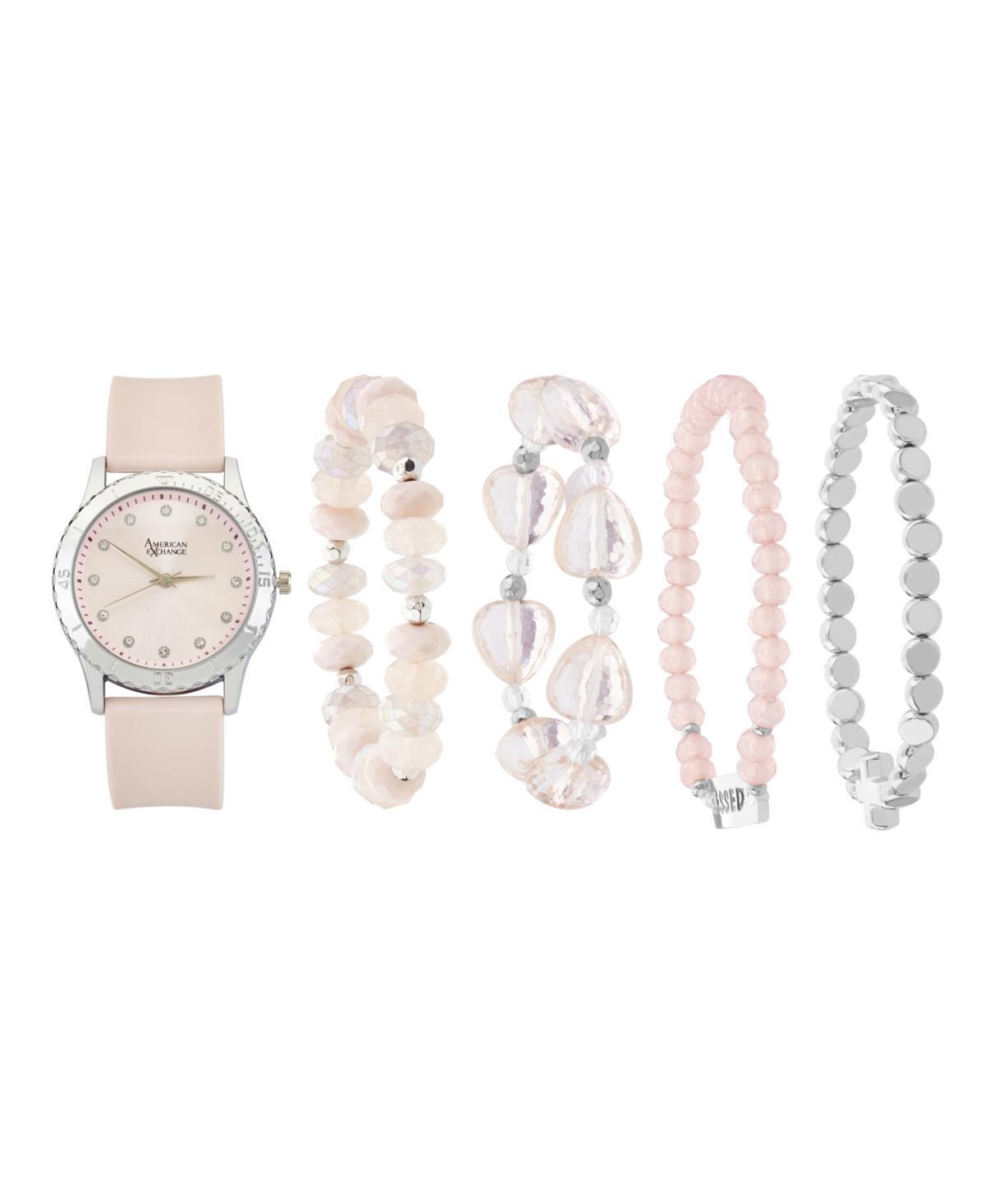 American Exchange Womens Matte Light Pink Silicone Strap Analog Watch 38mm with Stackable Bracelets Gift Set Product Image