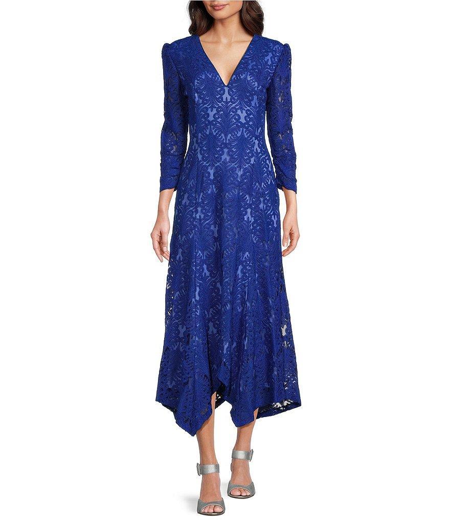 Tadashi Shoji Lace V Neckline Long Sleeve Hanky Hem Dress Product Image