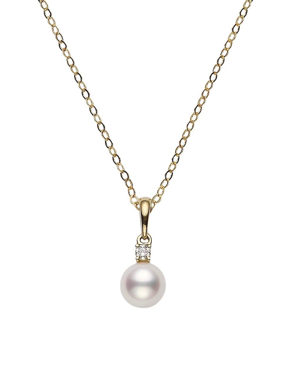 Womens Essential Elements 18K Yellow Gold, 7MM White Cultured Pearl & Diamond Pendant Necklace Product Image