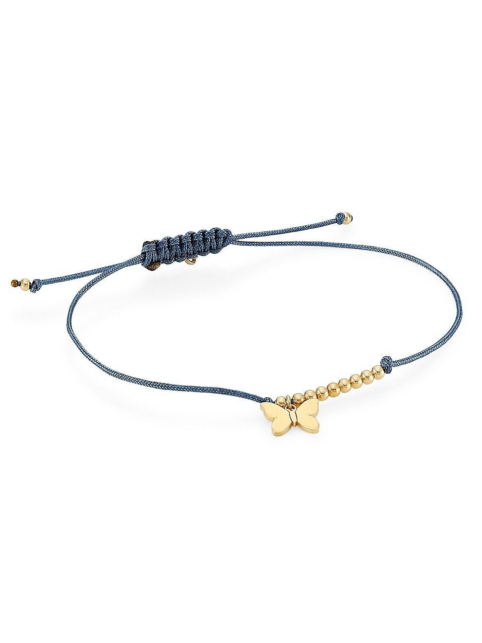 Womens 14K Yellow Gold & Butterfly Charm Blue Cord Bracelet Product Image