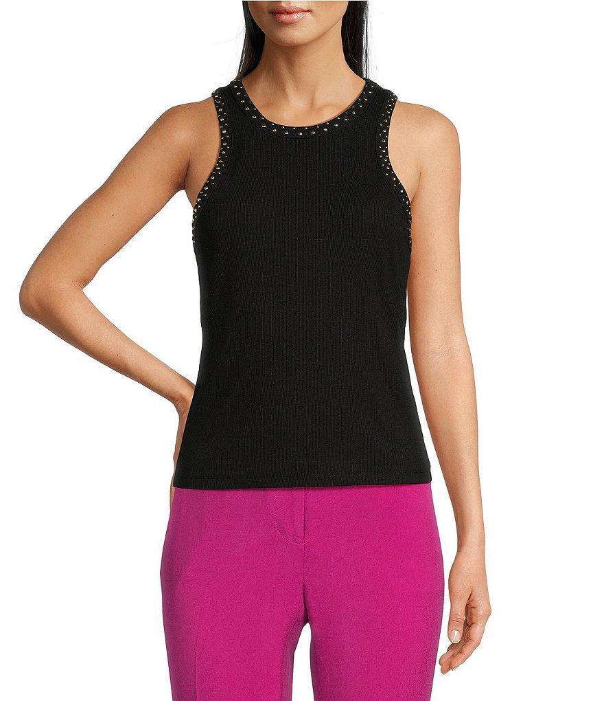 DKNY by Donna Karan Crew Neck Sleeveless Ribbed Studded Trim Tank Top Product Image