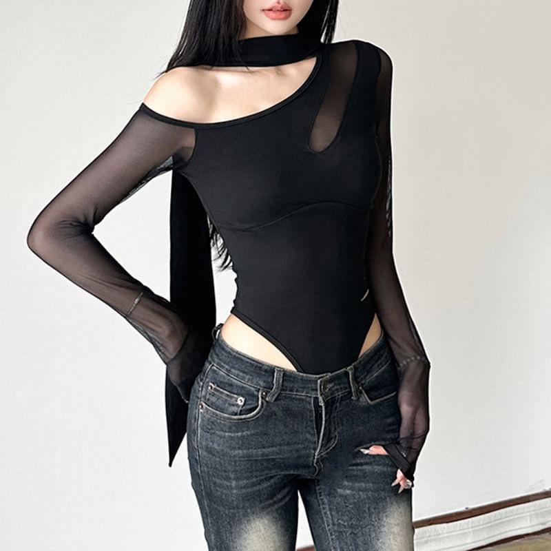 Long Sleeve Cold-Shoulder Scarf-Collar Plain Mesh Panel Bodysuit Top Product Image