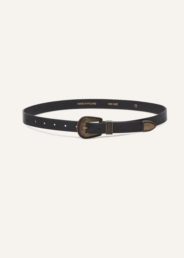 Thin bronze buckle belt in black leather Product Image