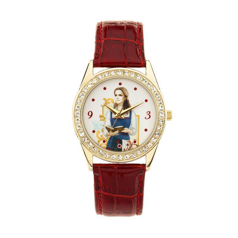 Disneys Beauty and the Beast Princess Belle Womens Crystal Leather Watch Red Product Image