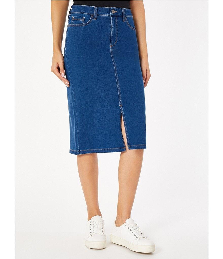 Jones New York Stretch Denim Front Slit Midi Pencil Skirt Product Image