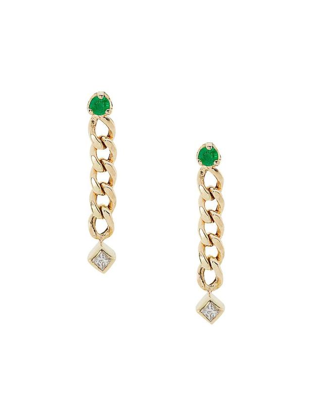 Womens 14K Yellow Gold, Diamond & Emerald Curb Chain Drop Earrings Product Image