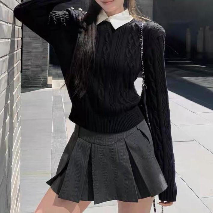 Contrast Collar Mock Two-Piece Cable Knit Crop Sweater Product Image