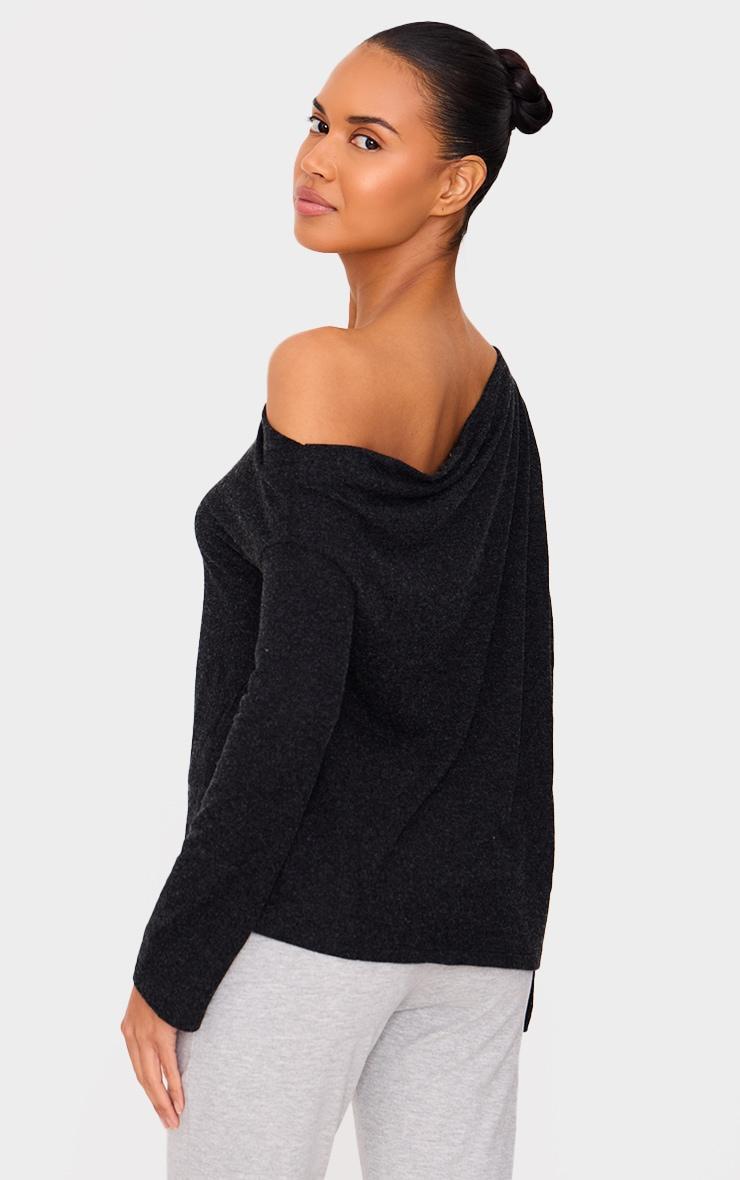 Black Slouchy Asymmetric Shoulder Long Sleeve Top Product Image